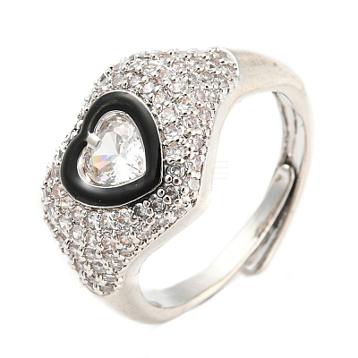 Enamel Heart Adjustable Ring with Clear Cubic Zirconia RJEW-Q781-01P-01-1