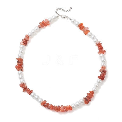 Natural South Red Agate Chip & Glass Pearl Round Beaded Necklaces for Women NJEW-JN05609-1
