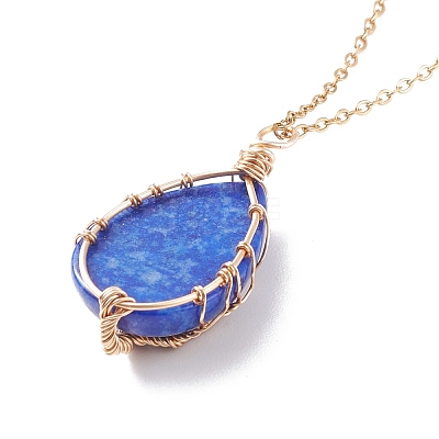 Natural Gemstone Teardrop with Tree Pendant Necklaces NJEW-JN03869-1