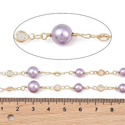Rack Plating Brass & Round ABS Imitation Pearl & Glass Beaded Link Chains KK-CBA3816-01C-1