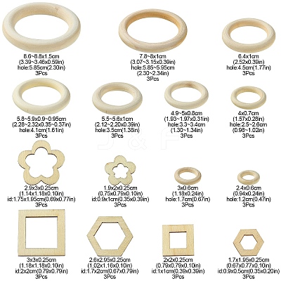 45Pcs 15 Styles Unfinished Wood Linking Rings WOOD-YW0001-15-1
