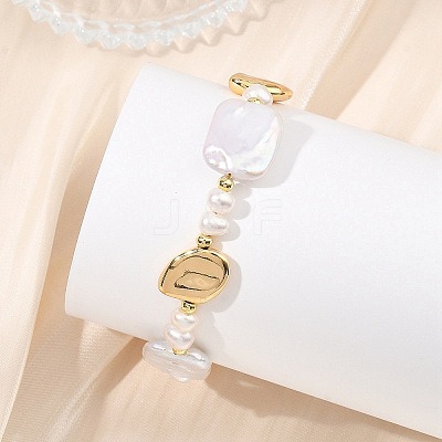 Natural Baroque Pearl Keshi Pearl & Brass Beaded Bracelets for Women BJEW-JB13799-1