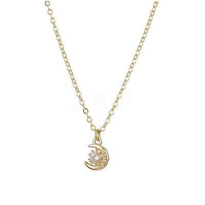 Rack Plating Brass Pave Clear Cubic Zirconia Moon Star Pendant Necklaces for Women NJEW-JN05000-1