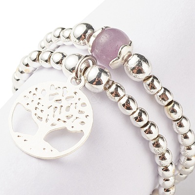 2Pcs 2 Style Natural Lavender Amethyst & Synthetic Hematite Beaded Rings with Brass Tree of Life Charms RJEW-JR00474-04-1
