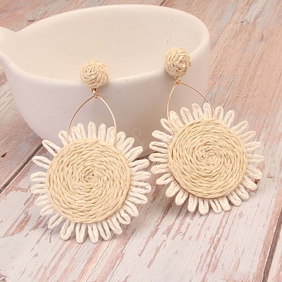 Flower Alloy & Raffia Dangle Stud Earrings FS-WGE45CE-03-1