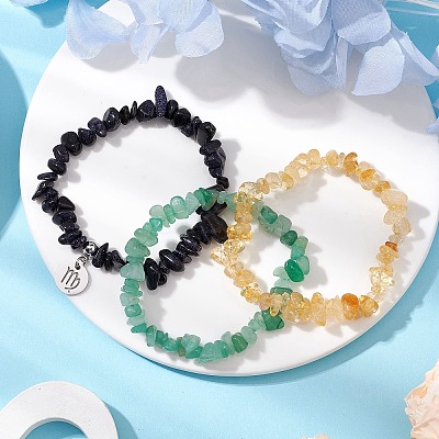 3Pcs 3 Styles Natural Citrine & Green Aventurine & Synthetic Blue Goldstone Chips Stretch Bracelets Sets BJEW-JB11076-08-1