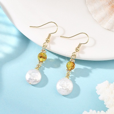 Flat Round Natural Amber & Keshi Pearl Dangle Earrings EJEW-JE07360-01-1