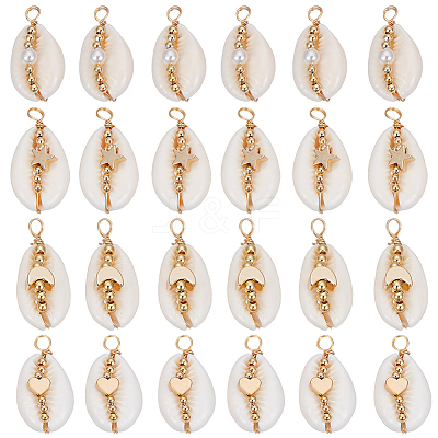 24Pcs 4 Styles Natural Cowrie Shell Copper Wire Wrapped Pendants FIND-SC0014-23-1