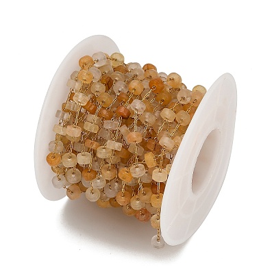 Handmade 304 Stainless Steel Yellow Aventurine Beads Flat Round Link Chains CHS-B011-05G-01-1
