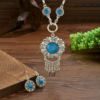 Flower Bohemian Ethnic Style Zinc Alloy & Resin Pendant Necklace & Dangle Earring Sets FS-WGD47C5-01-1