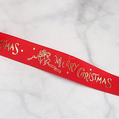 25 Yards Flat Christmas Bell Printed Polyester Grosgrain Ribbons XMAS-PW0001-182A-1