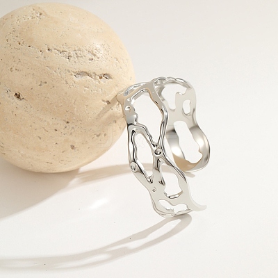 Hammered 304 Stainless Steel Cuff Bangles for Women BJEW-T023-01P-1
