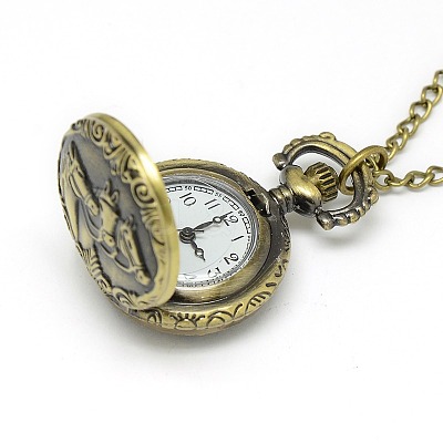 Alloy Flat Round with Horse Pendant Necklace Pocket Watch WACH-N011-84-1