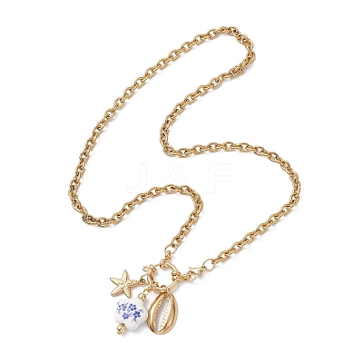 White and Blue Porcelain Flower & 304 Stainless Steel Starfish and Shell Shape Pendant Necklaces for Women NJEW-JN05648-1