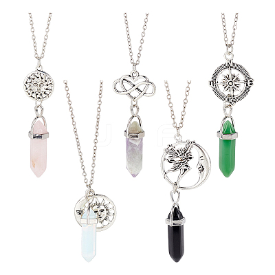 5Pcs 5 Style Glass Imitation Gemstone Bullet Pendant Necklaces Set NJEW-GA0001-04-1
