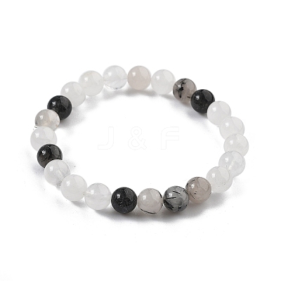 Natural Tourmalinated Quartz/Black Rutilated Quartz Stretch Beaded Bracelets G-A185-01J-1