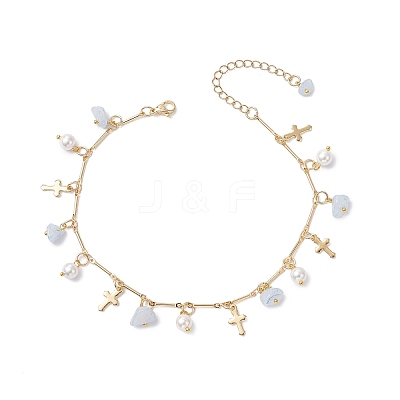 Natural Aquamarine Chip & Round Shell Pearl Cross Tassel Anklets AJEW-AN00716-01-1