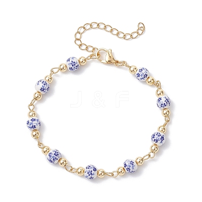 Round Flower Printed Porcelain Ceramic Beads Link Chain Bracelets for Women BJEW-JB12684-01-1