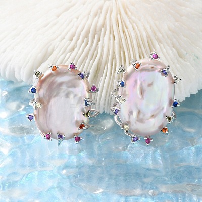 925 Sterling Silver Natural Pearl Stud Earrings EJEW-M078-01P-1
