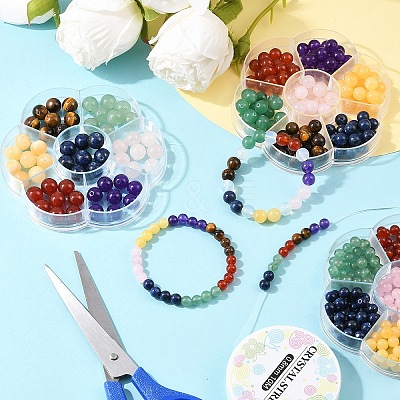 56Pcs 7 Styles Natural Green Aventurine & Lapis Lazuli & Rose Quartz & Carnelian & Tiger Eye & Malaysia Jade & Yellow Jade Round Beads G-YW0002-61A-1