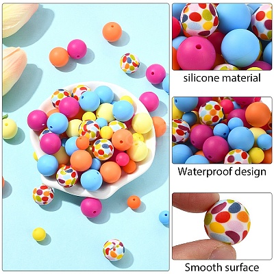 90Pcs 9 Styles Round Silicone Focal Beads SIL-YW0001-77-1