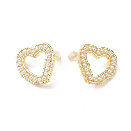 Plastic Imitation Pearl Beaded Hollow Out Heart Stud Earrings EJEW-F306-02G-1