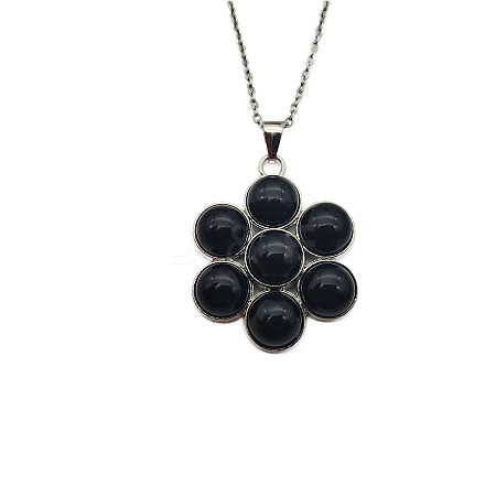 Natural Black Agate Flower Pendant Necklaces FO7861-6-1