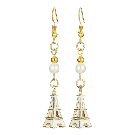 Alloy Enamel Eiffel Tower Dangle Earrings with Imitation Pearl Beaded EJEW-JE05422-03-1