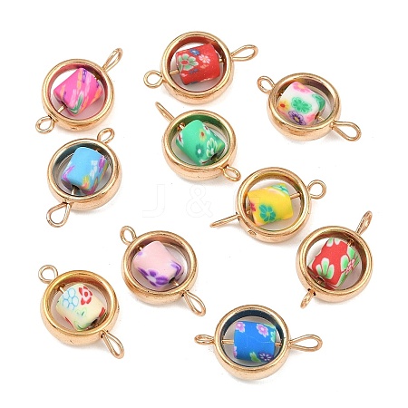 CCB Plastic Frame with Polymer Clay Flower Beads Flat Round Links Connector Charms KK-D103-03G-1