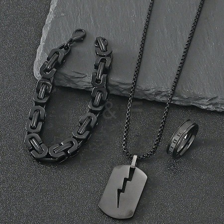 304 Stainless Steel Chain Bracelets & Rectangle Pendant Necklaces & Rings for Men FS-WGDB989-01-1
