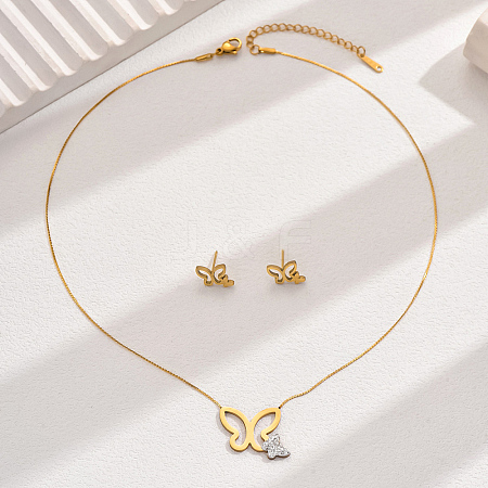 Elegant Vintage Stainless Steel Rhinestone Butterfly Shaped Stud Earrings & Necklaces Set for Women GD4164-1
