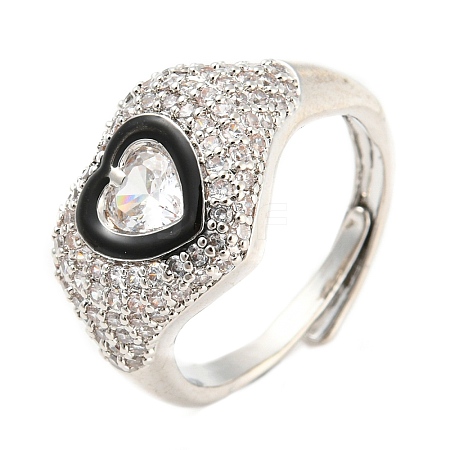 Enamel Heart Adjustable Ring with Clear Cubic Zirconia RJEW-Q781-01P-01-1
