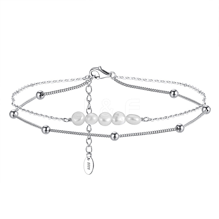 Rhodium Plated 925 Sterling Silver Double Layered Chain Anklet with Natural Freshwater Pearls AJEW-F162-013P-1