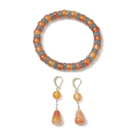 Natural Carnelian & Crackle Agate Beads Earring & Bracelets Set SJEW-JS01309-1