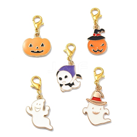 5Pcs 5 Styles Halloween Pumpkin & Ghost Alloy Enamel Pendant Decorations PALLOY-JF02819-1