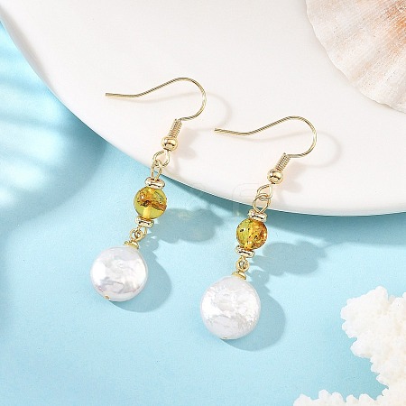 Flat Round Natural Amber & Keshi Pearl Dangle Earrings EJEW-JE07360-01-1