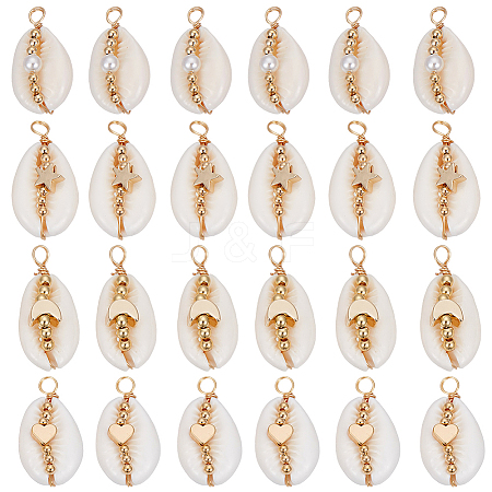 24Pcs 4 Styles Natural Cowrie Shell Copper Wire Wrapped Pendants FIND-SC0014-23-1