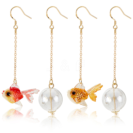 ANATTASOUL 2 Pairs 2 Colors Resin Fish & Glass Ball Asymmetrical Earrings EJEW-AN0002-32-1