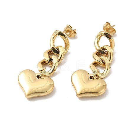 Ion Plating(IP) 304 Stainless Steel Curb Chains with Heart Dangle Stud Earrings X-EJEW-G289-09G-1