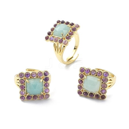 Natural Amazonite & Amethyst Rectangle Adjustable Ring RJEW-B030-01B-02-1