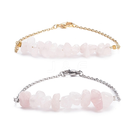 2Pcs 2 Color Natural Rose Quartz Chip Beaded Link Bracelets Set with 304 Stainless Steel Cable Chains BJEW-JB07914-06-1