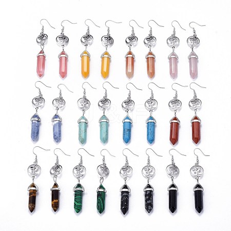 Pointed Bullet Natural & Synthetic Mixed Gemstone Dangle Earrings EJEW-K084-D-1