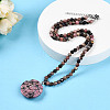 Natural Rhodonite 4.5mm Round Beaded Flower Pendant Necklaces NJEW-T016-04K-1