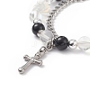 Natural & Synthetic Mixed Stone Beaded Bracelet with Cross Charm BJEW-TA00184-02-2