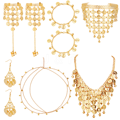 Alloy Flat Round Charms Cluster Bib Necklace & Ring Bracelet & Dangle Earrings & Headwears & Anklets SJEW-AN0001-47-1