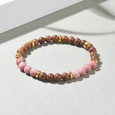 Natural Wenge Wood & Gemstone Round Beaded Stretch Bracelet for Women BJEW-JB07544-1