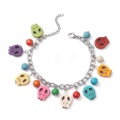 Halloween Dyed Synthetic Turquoise Skull Pendant Brass Cable Chains Bracelets BJEW-TA00471-1