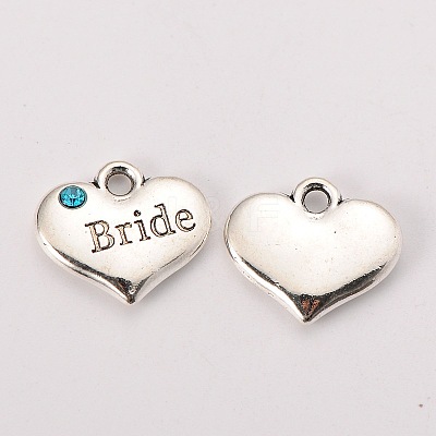 Wedding Theme Antique Silver Tone Tibetan Style Heart with Bride Rhinestone Charms TIBEP-N005-12A-1