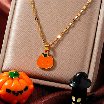 304 Stainless Steel Enamel Halloween Pumpkin Pendant Dapped Chain Necklaces DR6238-1