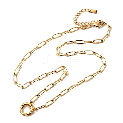 304 Stainless Steel Ring Pendant Paperclip Chain Necklaces for Women NJEW-Z091-02G-1
